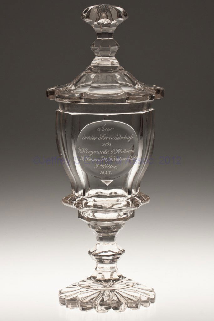 CUT AND ENGRAVED PRESENTATION POKAL WITH COVER: CUT AND ENGRAVED PRESENTATION POKAL WITH COVER, colorless, panel cut with lobed foot and finial, cartouche with German friendship presentation to F. Heegewald, C. Kramer, F. Schmidt, F. Schneider and