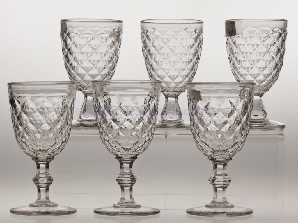 VARIOUS SMOCKING GOBLETS, LOT OF SIX: VARIOUS SMOCKING GOBLETS, LOT OF SIX, colorless lead glass, one with gray tint, comprising three Knob Stem examples, one with rough pontil mark and two with polished pontil mark; and three Lined examp