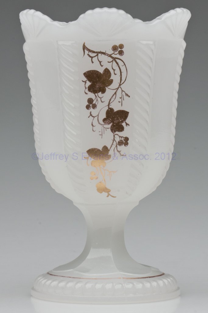 CABLE SPOON HOLDER / SPILL: CABLE SPOON HOLDER / SPILL, translucent alabaster/clambroth, outstanding gilt ivy decoration in alternating panels, scalloped six-fan rim, circular foot with cable edge. Boston & Sandwich Glass Co. Th