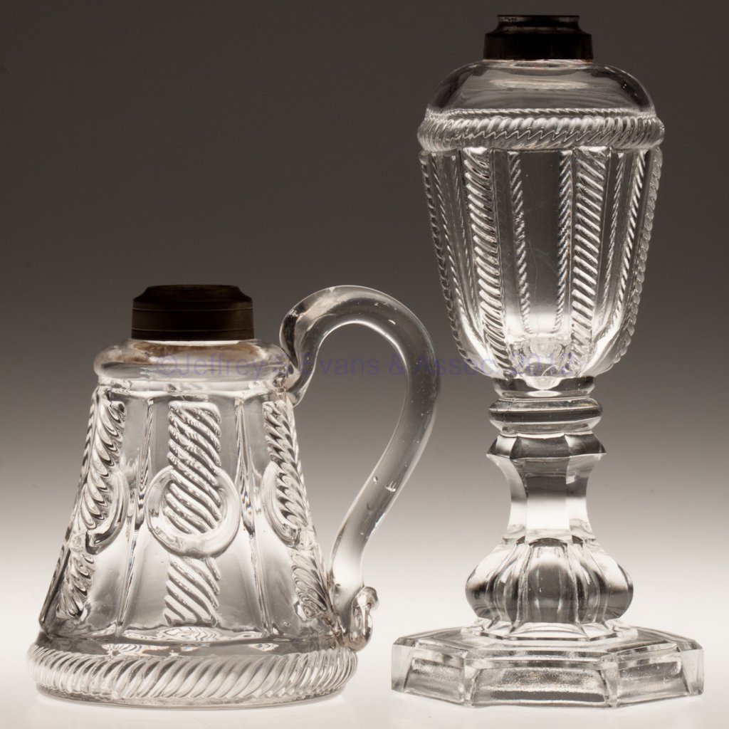 VARIOUS CABLE LAMPS, LOT OF TWO: VARIOUS CABLE LAMPS, LOT OF TWO, colorless lead glass, comprising a Cable stand lamp with fine-line Britannia collar, and a Cable with Ring finger lamp, with applied handle and brass Taplin-Brown coll