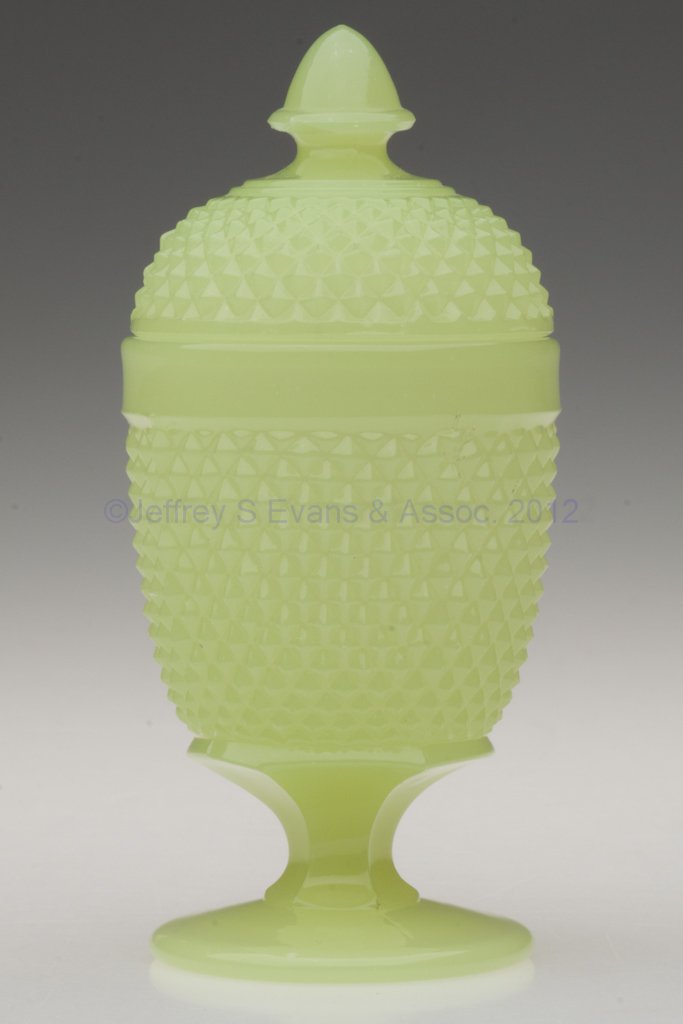 DIAMOND POINT / SHARP DIAMOND (OMN) COVERED EGG CU: DIAMOND POINT / SHARP DIAMOND (OMN) COVERED EGG CUP / POMADE, translucent bright yellow green, cover with an acorn-form finial. Boston & Sandwich Glass Co., New England Glass Co., and probably others.
