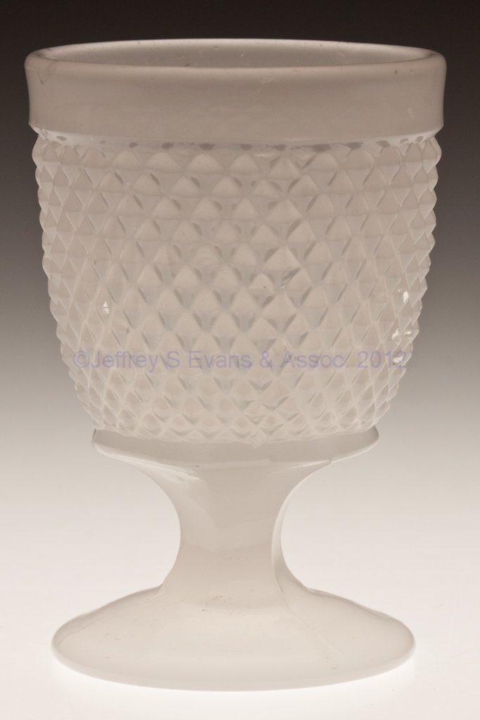 DIAMOND POINT / SHARP DIAMOND (OMN) EGG CUP / POMA: DIAMOND POINT / SHARP DIAMOND (OMN) EGG CUP / POMADE BASE, translucent alabaster/clambroth, hexagonal stem and circular foot. Boston & Sandwich Glass Co., New England Glass Co., and probably others. T