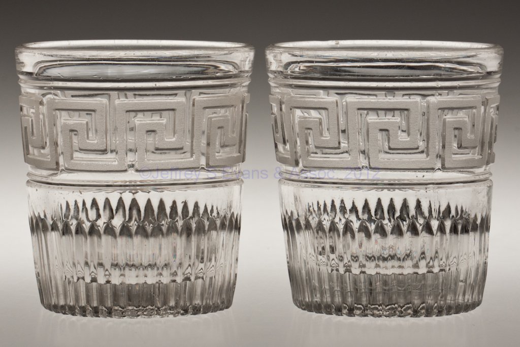 ROMAN KEY - FROSTED PAIR OF WATER TUMBLERS: ROMAN KEY - FROSTED PAIR OF WATER TUMBLERS, colorless lead glass, each with a polished table ring. Third quarter 19th century. 3 1/2" H. Provenance: Lillian "Lil" and Walter "Bud" Marchant Collection/
