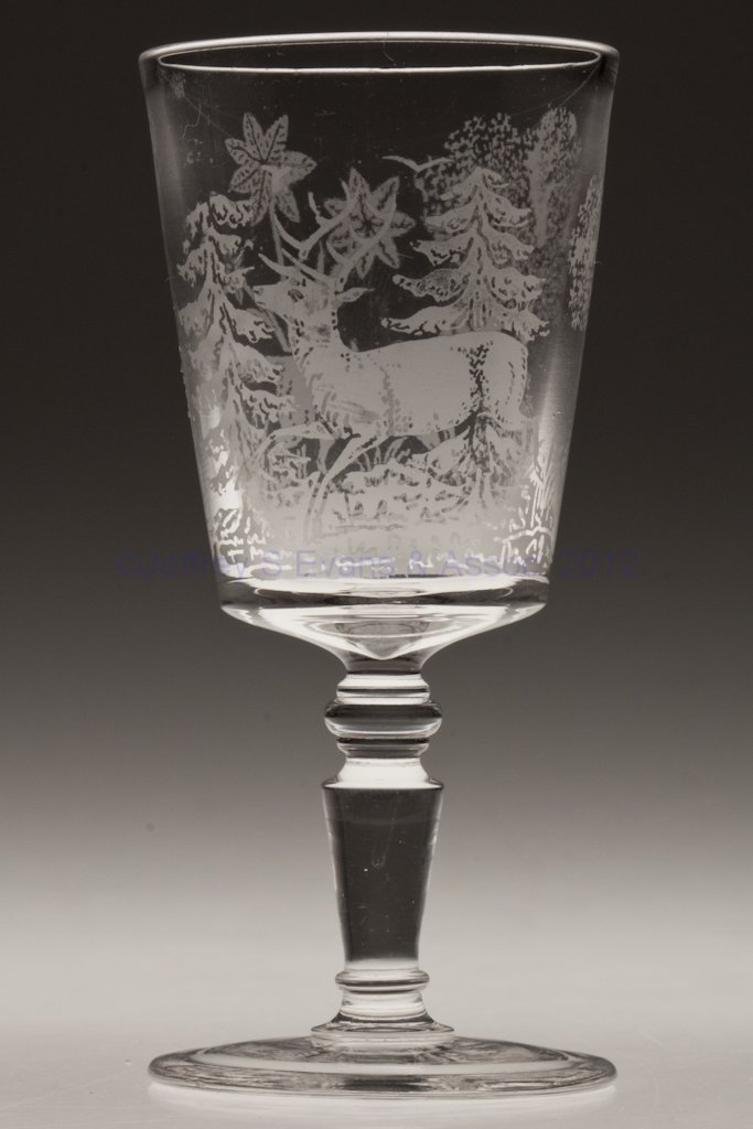 DEER AND DOG WINE GLASS: DEER AND DOG WINE GLASS, colorless, etched design, Mordock Stem J, tapered bowl. Fourth quarter 19th century. 4 1/8" H. Provenance: Jerry Lynn Wood estate, Dequincy, LA.