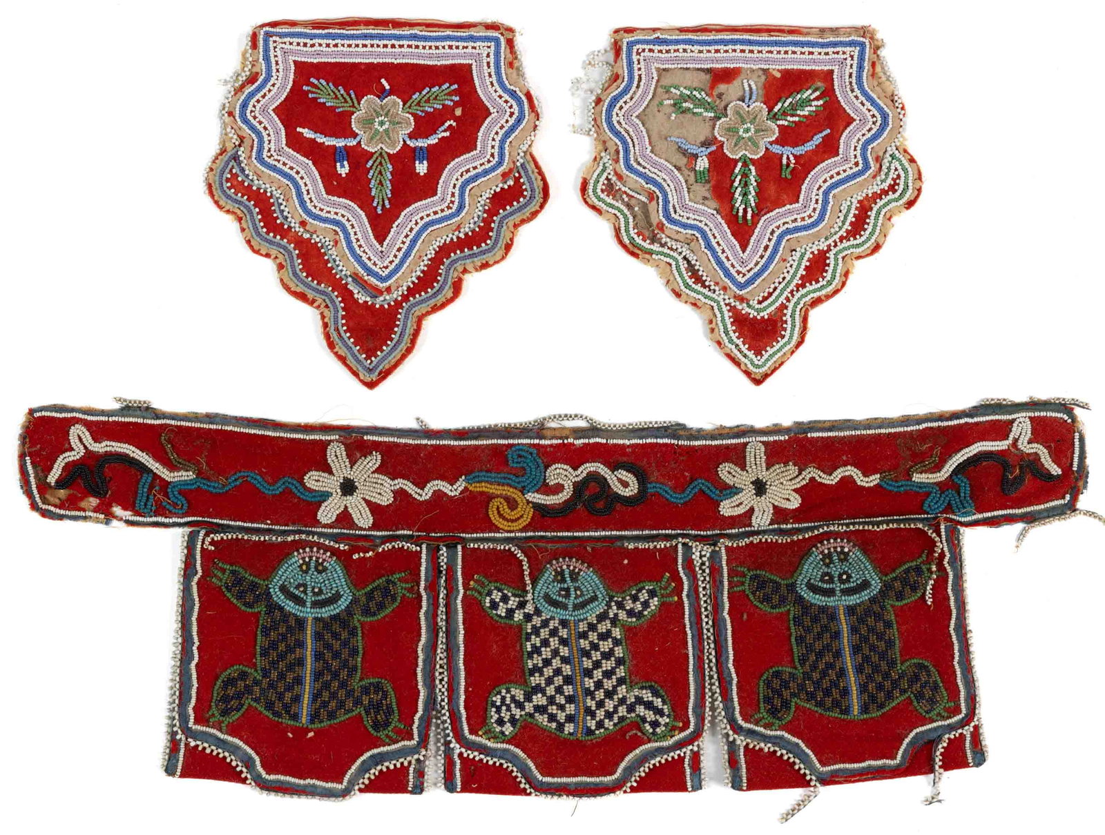 NATIVE AMERICAN BEADED CLOTH POUCHES / PURSES, LOT OF THREE: NATIVE AMERICAN BEADED CLOTH POUCHES / PURSES, LOT OF THREE, each thread sewn, having hand-stitched polychrome glass beadwork on fabric; comprising a short sash featuring three small pouches with rept