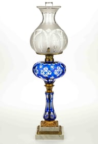 CUT OVERLAY QUATREFOIL AND PUNTY KEROSENE BANQUET STAND LAMP