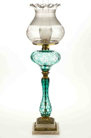 CUT OVERLAY QUATREFOIL AND PUNTY KEROSENE BANQUET STAND LAMP