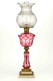 CUT OVERLAY MOORISH WINDOWS AND PUNTY KEROSENE BANQUET STAND LAMP
