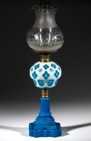 CUT OVERLAY STAR AND QUATREFOIL KEROSENE STAND LAMP