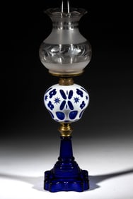 CUT OVERLAY STAR AND QUATREFOIL KEROSENE STAND LAMP