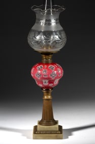 CUT DOUBLE OVERLAY STAR AND QUATREFOIL KEROSENE STAND LAMP