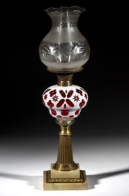 CUT OVERLAY STAR AND QUATREFOIL KEROSENE STAND LAMP