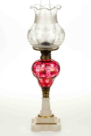 CUT OVERLAY OVAL AND PUNTY KEROSENE STAND LAMP