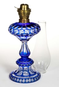 ENGLISH DIETZ CUT OVERLAY PUNTY AND PANEL KEROSENE STAND LAMP