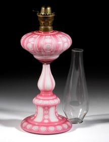 ENGLISH DIETZ CUT OVERLAY PUNTY AND PANEL KEROSENE STAND LAMP