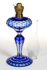 ENGLISH DIETZ CUT OVERLAY PUNTY AND PANEL KEROSENE STAND LAMP