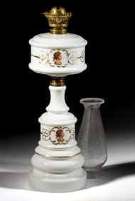 VICTORIAN DECORATED OPAL GLASS KEROSENE BANQUET STAND LAMP