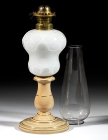 CUT OVERLAY PUNTY AND FLORAL ENGRAVED KEROSENE STAND LAMP WITH CERAMIC BASE