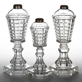 PANELLED WAFFLE KEROSENE / FLUID STAND LAMPS, LOT OF THREE