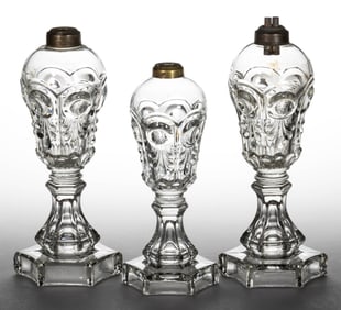 BULL'S EYE AND FLEUR-DE-LIS KEROSENE / FLUID STAND LAMPS, LOT OF THREE