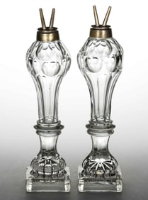 FREE-BLOWN AND CUT WHALE-OIL / FLUID STAND LAMPS, PAIR