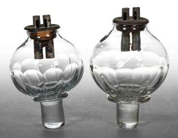 BLOWN MOLDED FLUTE WHALE OIL PEG LAMP FONTS, NEAR PAIR