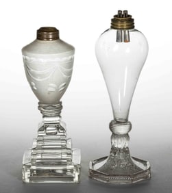 FREE BLOWN AND PRESSED LACY WHALE OIL STAND LAMPS, LOT OF TWO