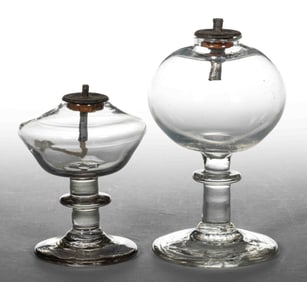 FREE-BLOWN WHALE OIL SPARKING STAND LAMPS, LOT OF TWO