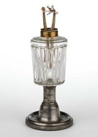 PRESSED GLASS AND PEWTER FLUID STAND LAMP