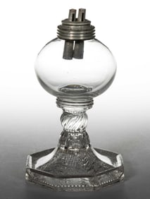FREE-BLOWN AND PRESSED LACY WHALE OIL STAND LAMP