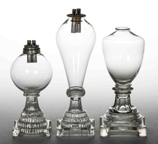 ASSORTED FREE-BLOWN AND PRESSED WHALE OIL STAND LAMPS, LOT OF THREE