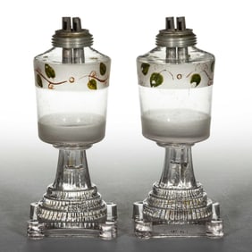 FREE-BLOWN AND PRESSED GLASS WHALE OIL / FLUID PAIR OF STAND LAMPS