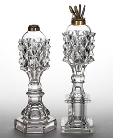 PRESSED GIANT SAWTOOTH PAIR OF WHALE OIL / FLUID STAND LAMPS, LOT OF TWO