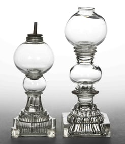 ASSORTED FREE-BLOWN AND PRESSED WHALE OIL / FLUID STAND LAMPS, LOT OF TWO