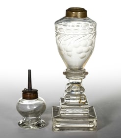 FREE-BLOWN, PRESSED, AND ENGRAVED WHALE OIL / FLUID STAND LAMP
