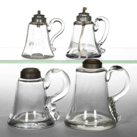 ASSORTED FREE-BLOWN AND MOLD-BLOWN WHALE OIL / FLUID FINGER LAMPS, LOT OF FOUR