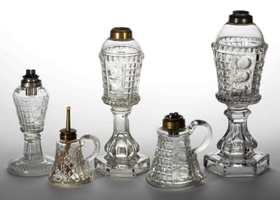 WAFFLE AND THUMBPRINT / PALACE (OMN) WHALE OIL / FLUID LAMPS, LOT OF FIVE