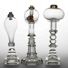 ASSORTED FREE-BLOWN AND PRESSED WHALE OIL / FLUID STAND LAMPS, LOT OF THREE