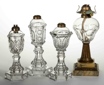 FLINT EAPG WHALE OIL / FLUID STAND LAMPS, LOT OF FOUR