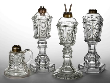 PRESSED STAR AND PUNTY WHALE OIL / FLUID LAMPS, LOT OF FOUR