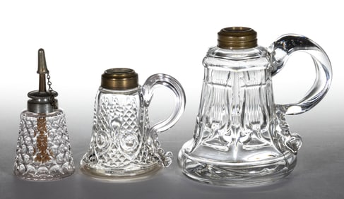 ASSORTED FLINT EAPG KEROSENE / FLUID FINGER LAMPS, LOT OF THREE