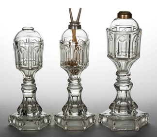 PRESSED GOTHIC ARCH PAIR OF WHALE OIL / FLUID STAND LAMPS, LOT OF THREE