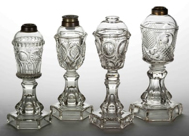 FLINT EAPG WHALE OIL / FLUID STAND LAMPS, LOT OF FOUR