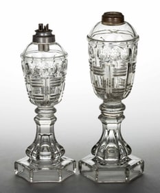 PRISM AND CRESCENT WHALE OIL / FLUID STAND LAMPS, LOT OF TWO