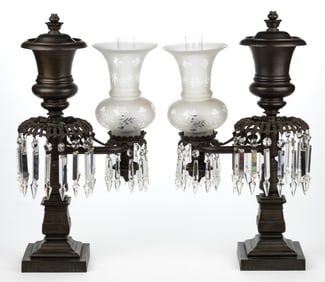 J. B. WILBOR BRONZE PAIR OF SINGLE-ARM  ARGAND LAMPS