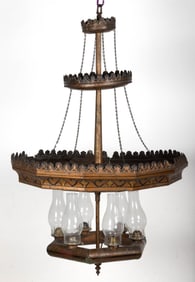 AMERICAN DECORATED BRASS AND SHEET-IRON FOUR-TIER HANGING CHANDELIER