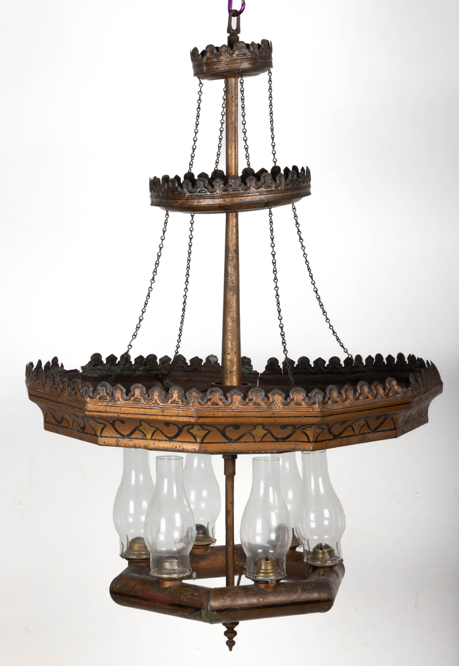 AMERICAN DECORATED BRASS AND SHEET-IRON FOUR-TIER HANGING CHANDELIER: AMERICAN DECORATED BRASS AND SHEET-IRON FOUR-TIER HANGING CHANDELIER, graduated four-tier construction, lower level being a hexagonal-form brass font tank, topped with a sheet-iron tier havi