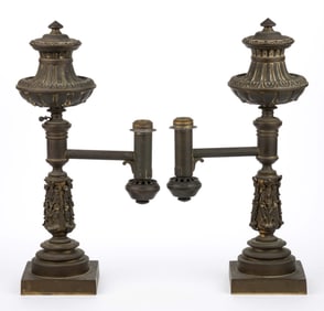 MESSENGER & CO. CAST BRONZE SINGLE-ARM ARGAND LAMPS, PAIR