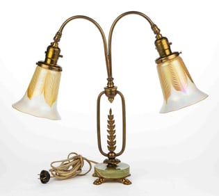BRASS DOUBLE-ARM ELECTRIC TABLE LAMP WITH QUEZAL PULLED FEATHER SHADES