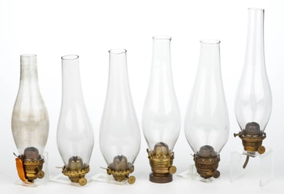 BRASS E. F. JONES AND ADLAMS NO. 1 LIP BURNER SETUPS, LOT OF SIX